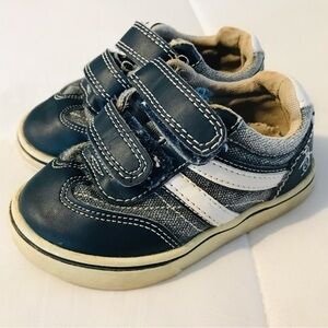 Penguin Navy Blue White Canvas Stripe Strap Closure Sneakers Unisex Boys size 6